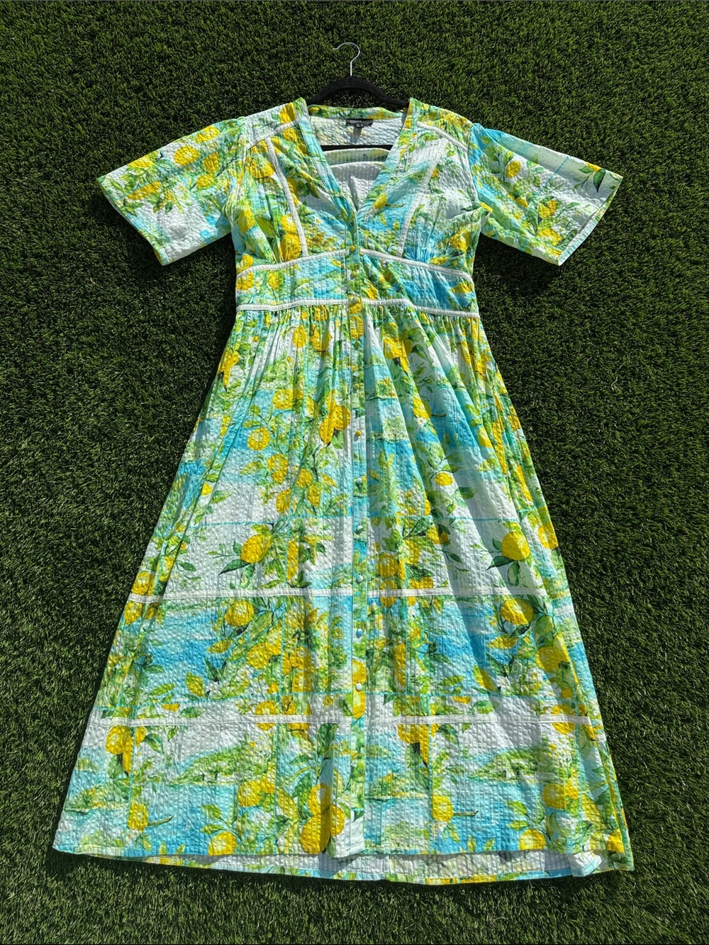 Blue & Yellow Floral Midi Dress - V-Neck Summer Dress